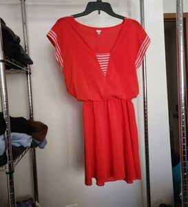 Vibrant Red Dress with Striped Accents